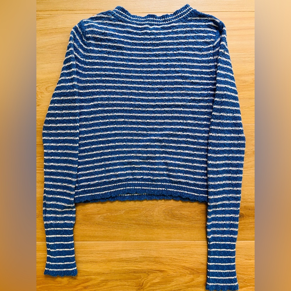 Margaret O’Leary Blue & White Striped Textured Knit Sweater XS Cropped - Picture 3 of 9